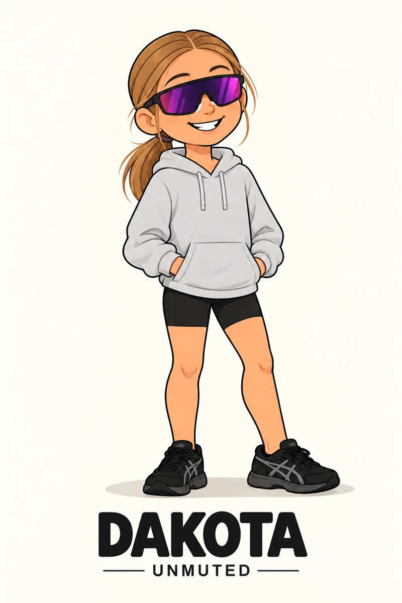 Dakota’s illustrated character wearing purple sunglasses, a grey hoodie and black runners